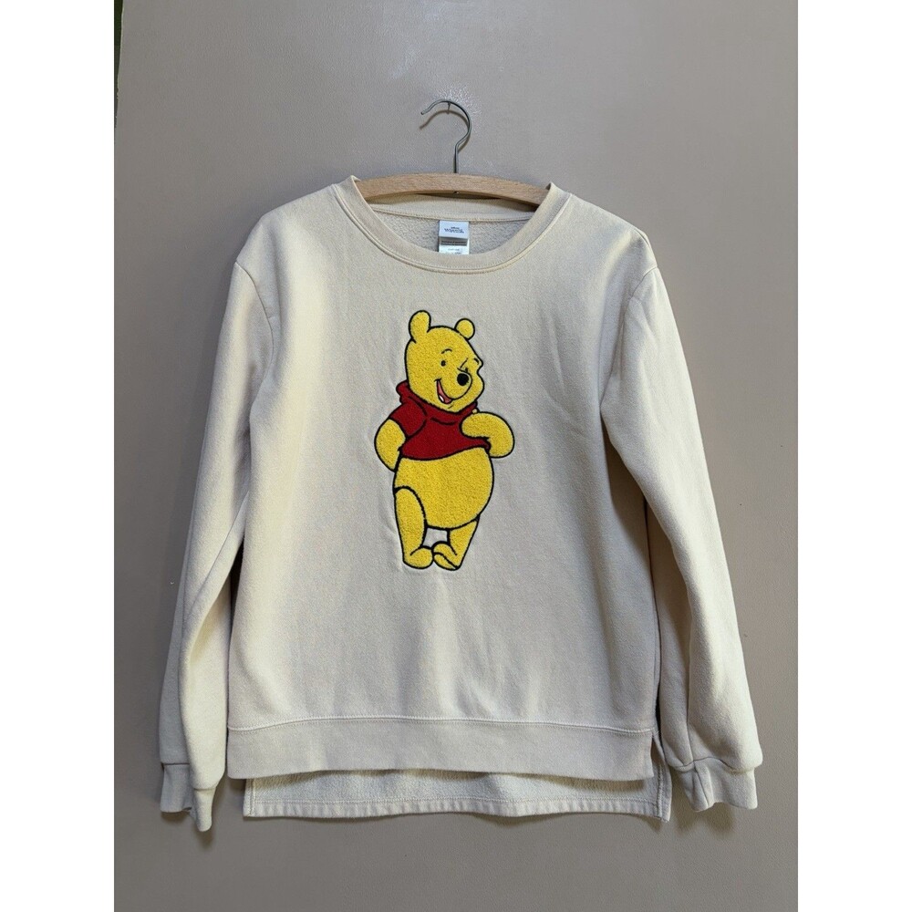 Disney Winnie the Pooh Crewneck Sweatshirt Size S Ivory Beige Chenille Hi Lo Hem